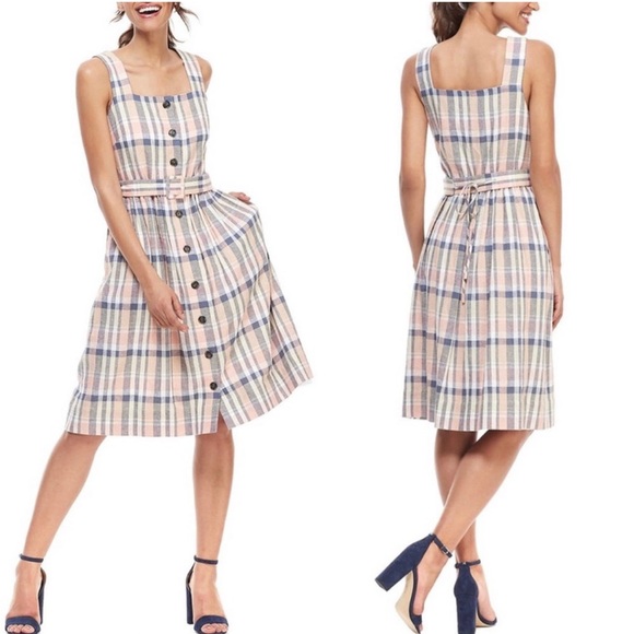 NWT Gal Meets Glam Peyton Checkered Button Front Linen Blend Dress - Picture 2 of 11